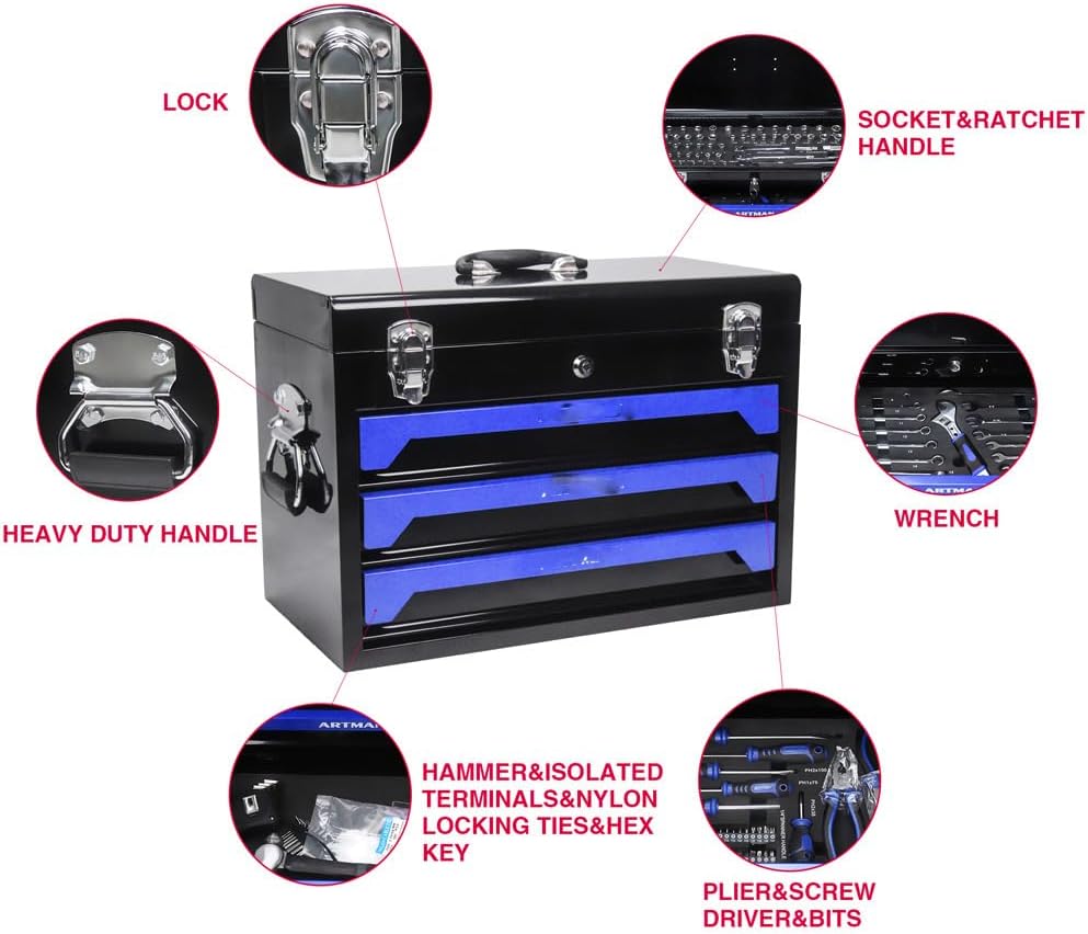 3 Box Set,Metal Toolbox Portable Tool Chest Organizer with Ball-Bearing Drawer Slides for Garage Workshop Maintenance Repair Projects, Black+Blue