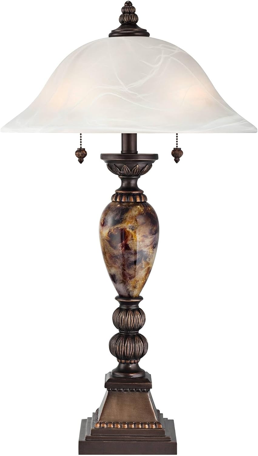 Kathy Ireland Mulholland Traditional Vintage Table Lamps 27' Tall Set of 2 Aged Bronze Faux Marble White Alabaster Glass Dome Shade for Living Room Bedroom House Bedside Nightstand Office
