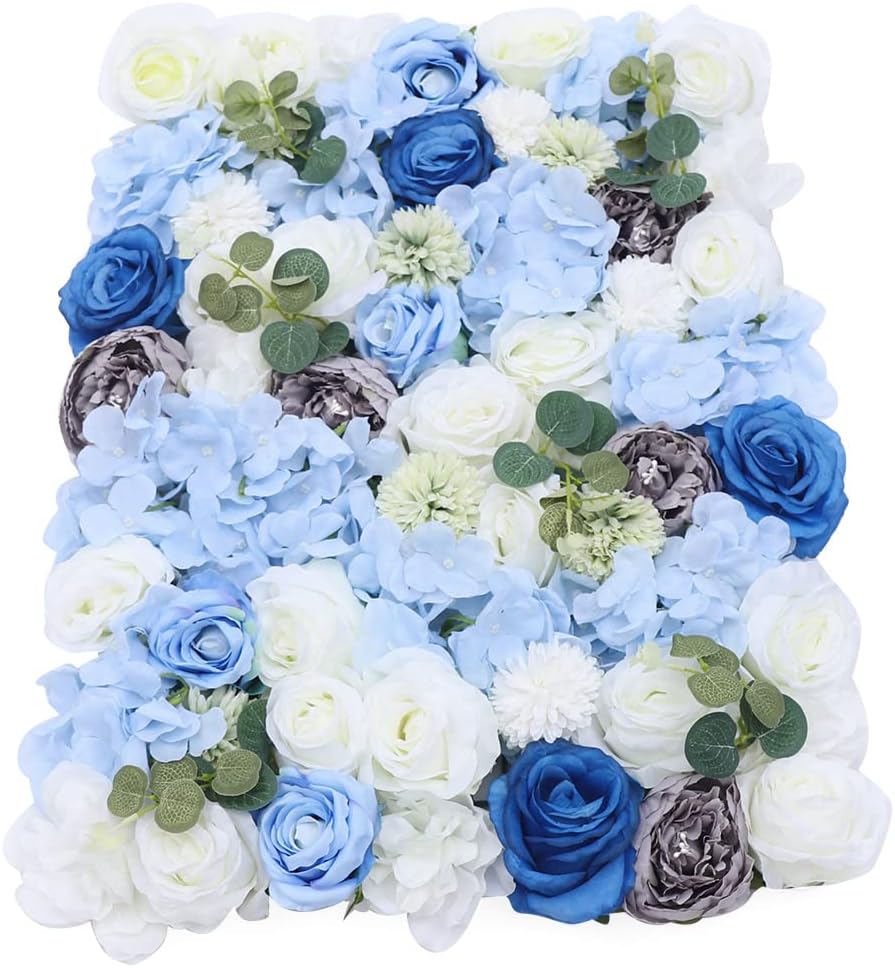 DNYSYSJ 6Pcs Artificial Flowers Wall Romantic Flower Wall for Background Decoration Silk Flower Roses Wall Panel Hanging Wedding Venue Main Road Decor Silk Flower Panels for Photo Backdrop (Blue)
