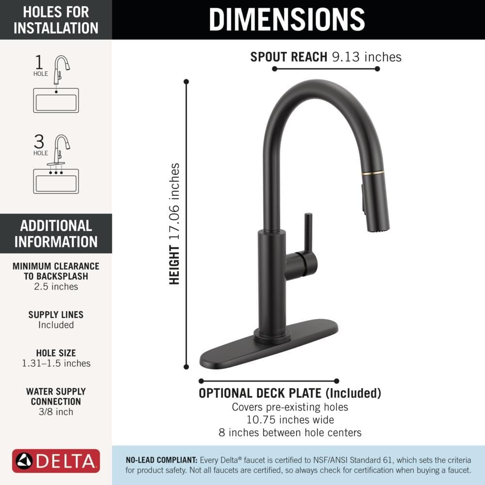Delta Nicoli Black & Gold Kitchen Faucet with Pull Down Sprayer, Modern Single Hole Kitchen Sink Faucet, Single Handle, Matte Black/Champagne Bronze 19867LF-GZ