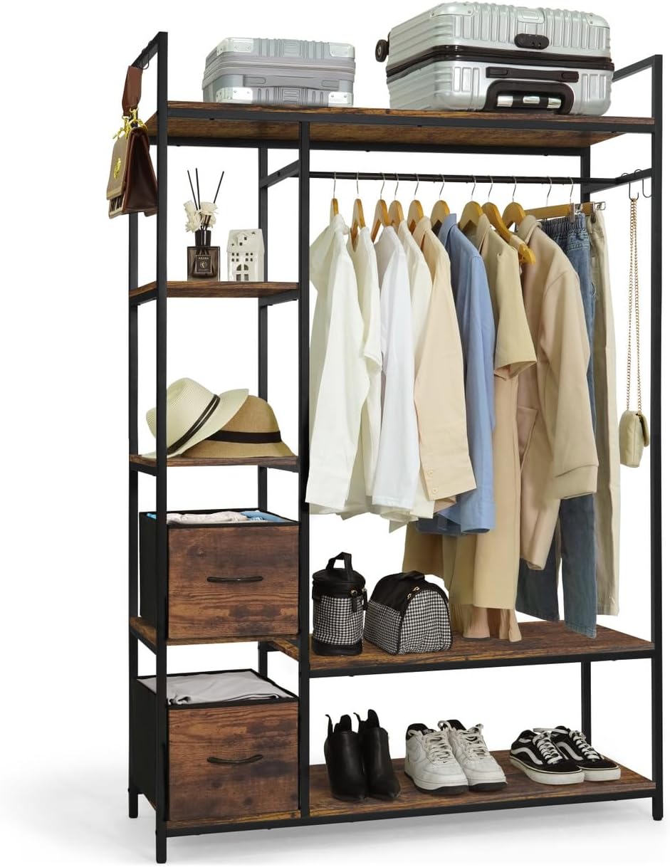 CAPHAUS 979lbs Capacity Garment Rack for Hanging Clothes, Heavy Duty Open Wardrobe w/Hanging Rods & Fabric Drawers, Free Standing Closet Organizer, Metal Closet Rack w/Rustic Oak Wooden Shelves