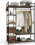 CAPHAUS 979lbs Capacity Garment Rack for Hanging Clothes, Heavy Duty Open Wardrobe w/Hanging Rods & Fabric Drawers, Free Standing Closet Organizer, Metal Closet Rack w/Rustic Oak Wooden Shelves