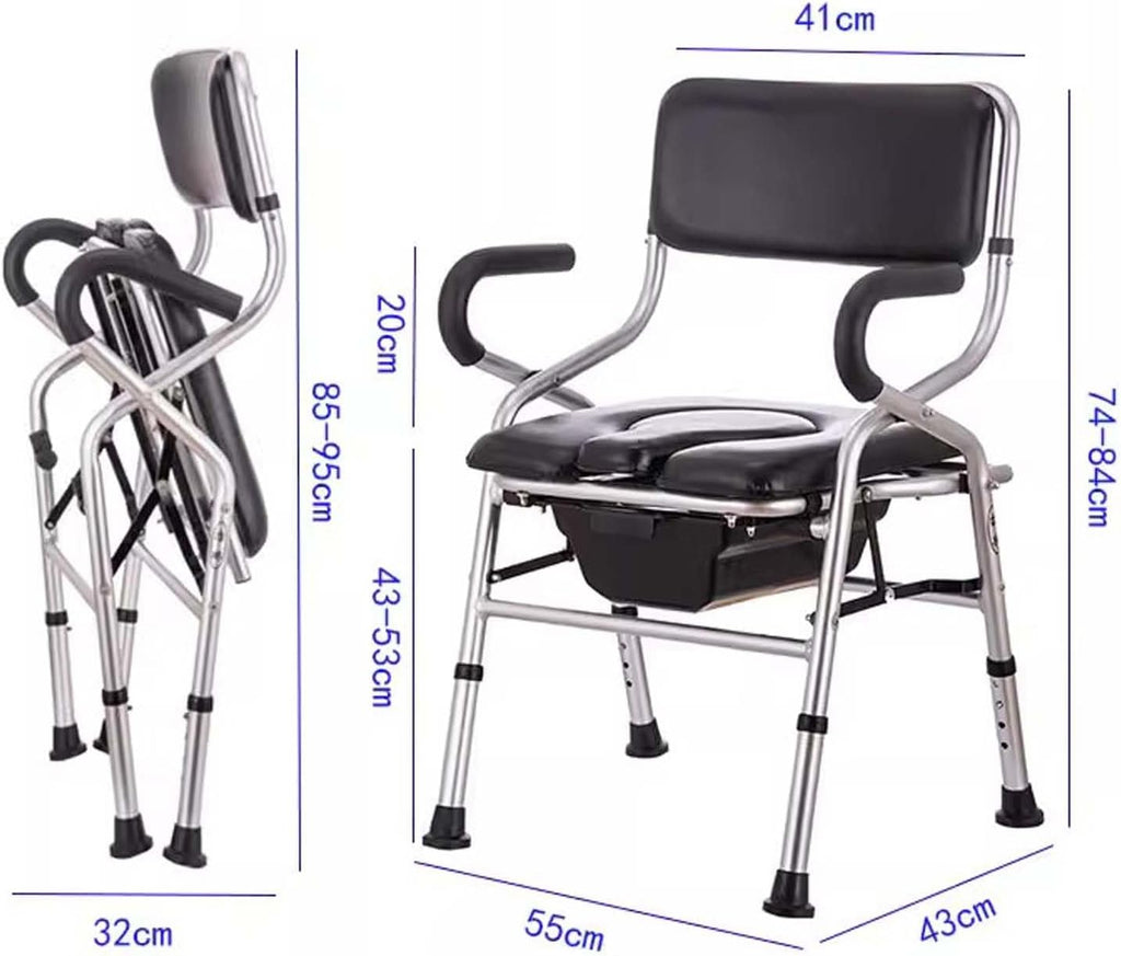 Commode Chair for Seniors, Folding Steel Bedside Commode Chair, Height Adjustable Toilet Shower Chair with Removable Bucket, Easy No Tool Assembly, Bedside Commodes Black