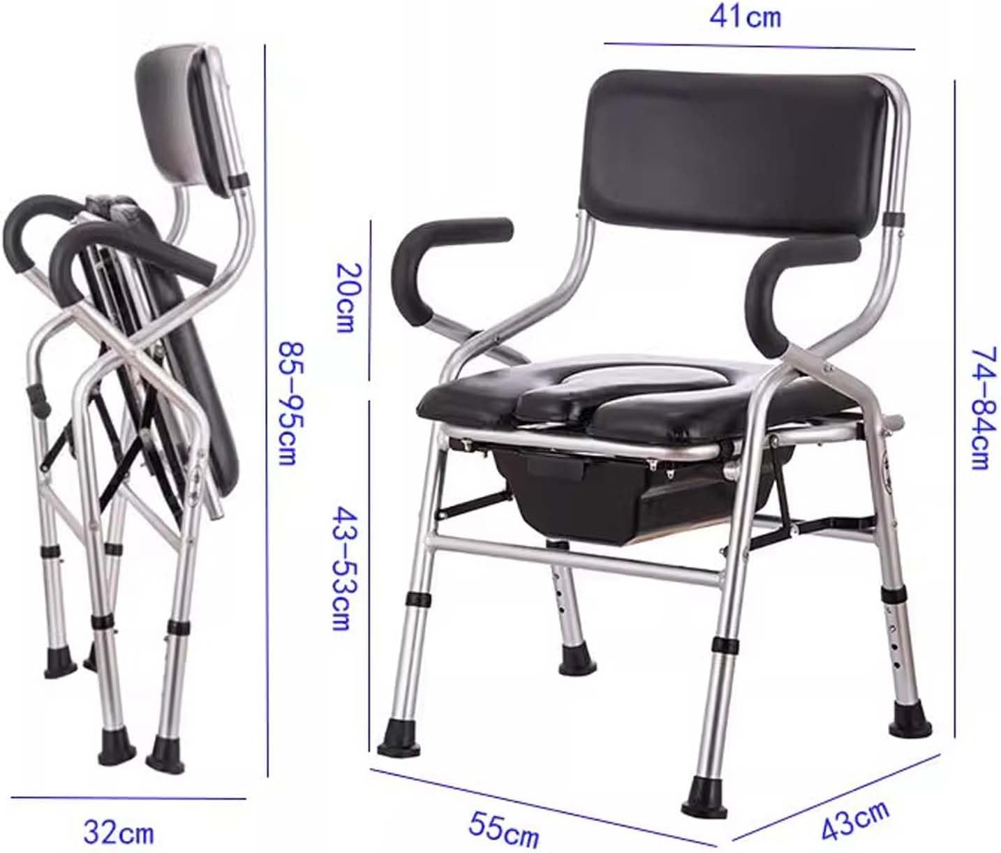 Commode Chair for Seniors, Folding Steel Bedside Commode Chair, Height Adjustable Toilet Shower Chair with Removable Bucket, Easy No Tool Assembly, Bedside Commodes Black