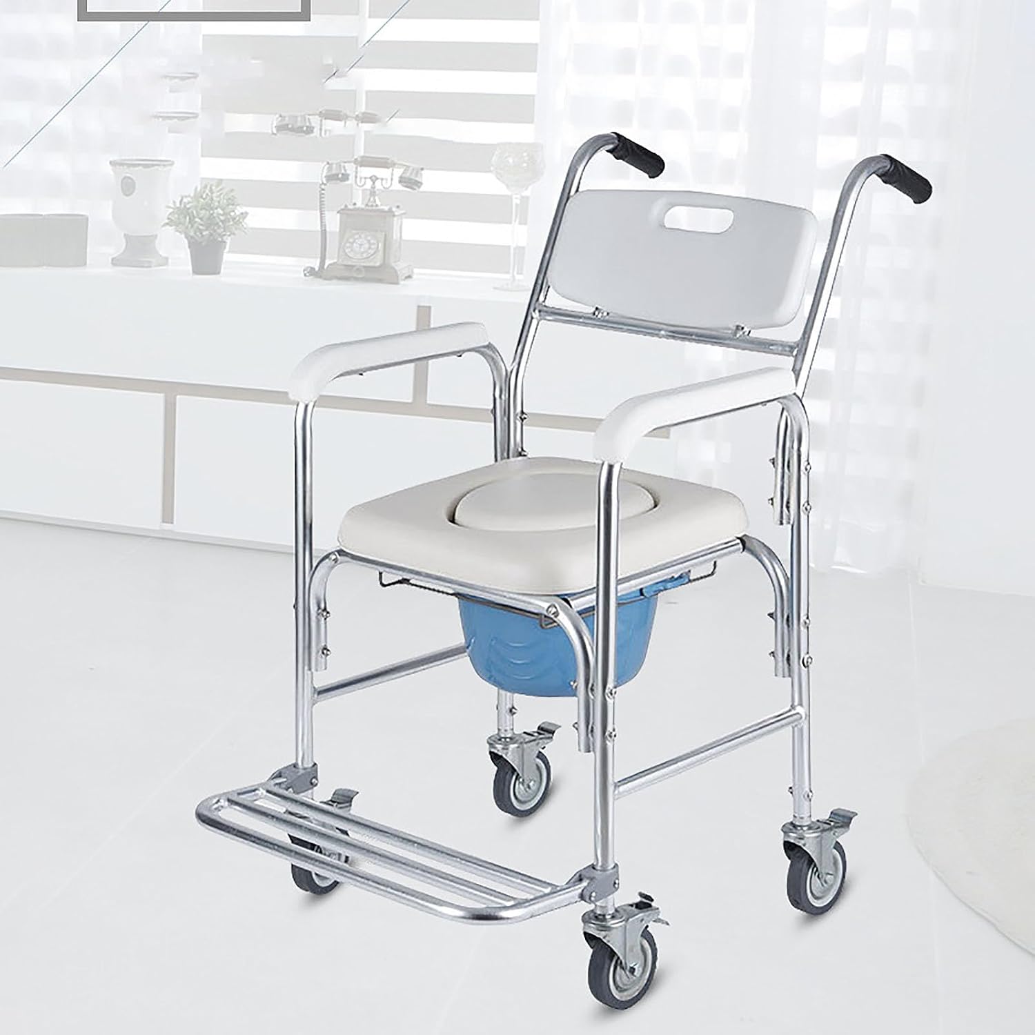 3-in-1 Shower Commode Wheelchair, Comfortable Padded Seat, Lightweight & Waterproof Rolling Over Toilet Chair, Ideal for Homecare, Weight Capacity 330 lbs, White