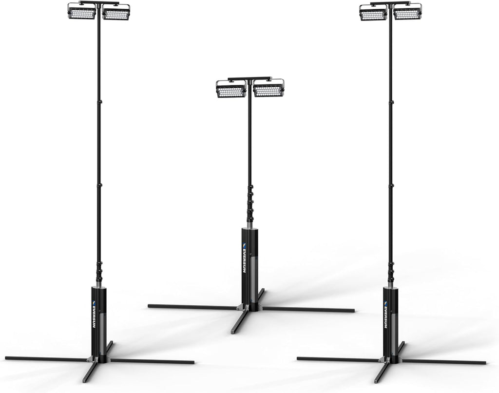 Eversun Apollo S Portable Lighting Three Tower Bundle for Tennis, Handball, or Basketball | Up to 120,000 Lumens Total | Up to 10hr Battery Life | 5-20ft Tall | AC & Battery Powered | Made in USA