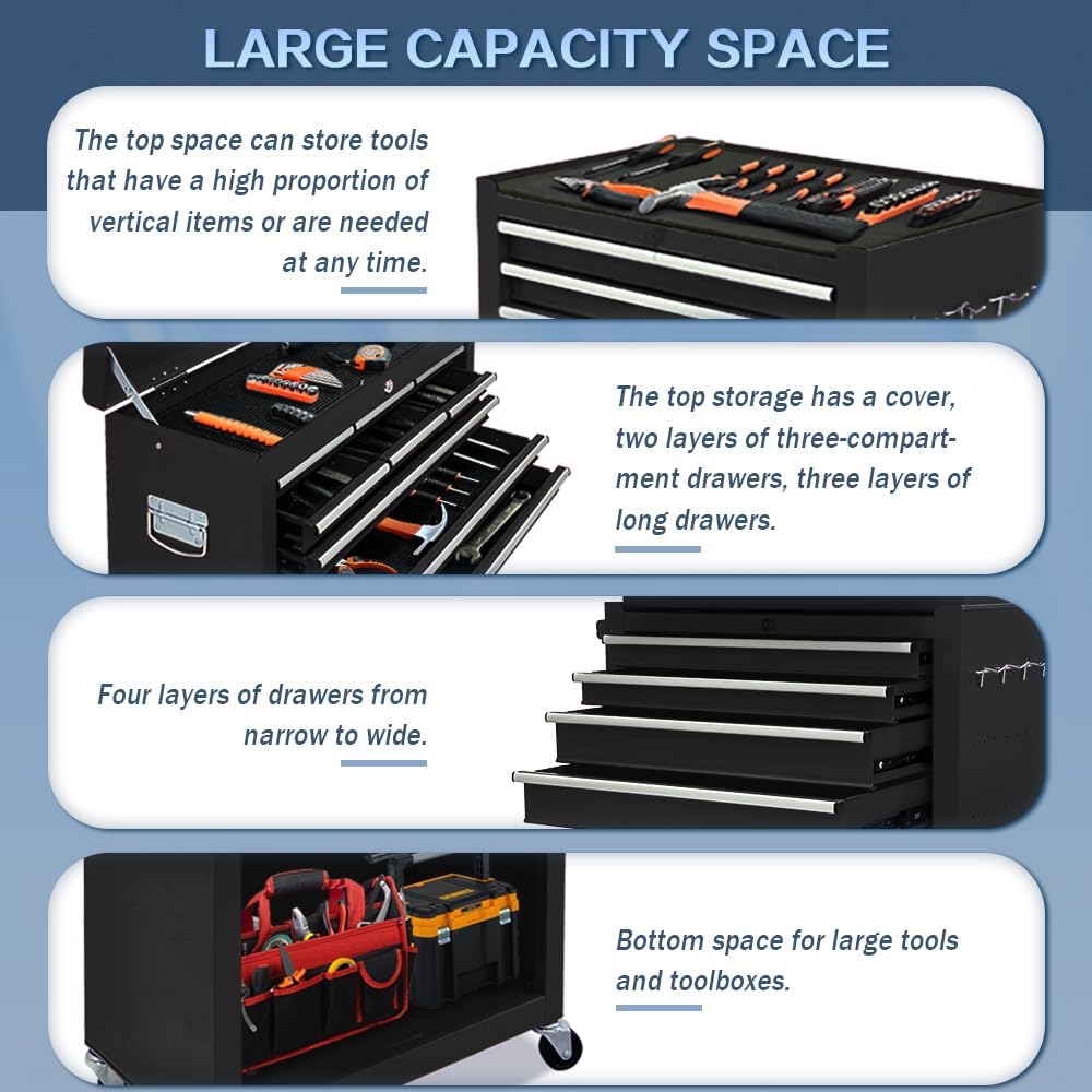 13-Drawer Rolling Tool Chest, 2-in-1 Heavy Duty Detachable Storage Cabinet with Lockable Wheels & Removable Top Box, 600 lbs Capacity for Mechanics, Garage Workshop (BLACK)