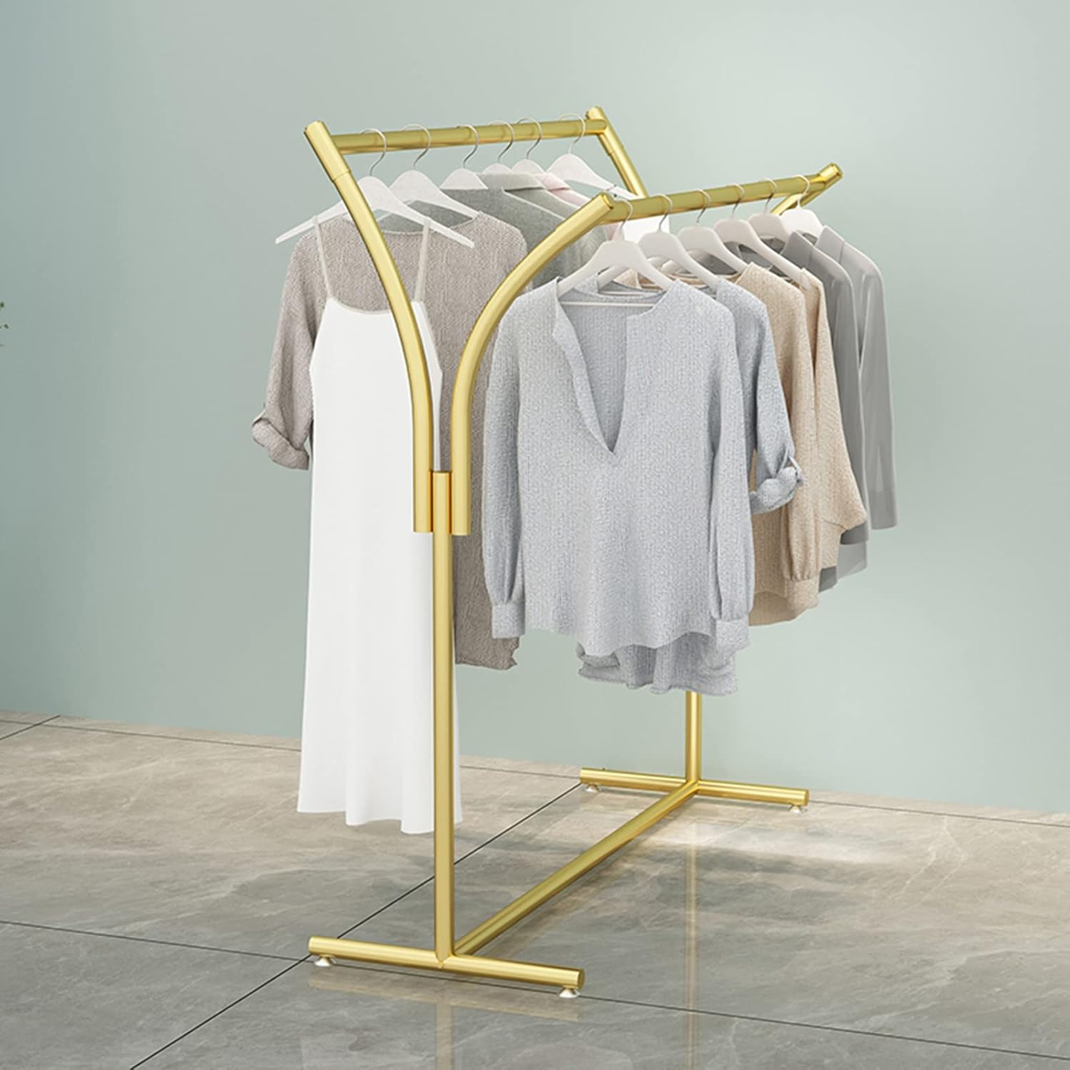 Heavy Duty Metal Rolling Garment Rack with Wheels Double Bar Hanger Retail Display in Gold and Black Modern Boutique Clothing Rack for Floor Standing 150 * 155,D-Without Ers 80 * 150 * 50cm