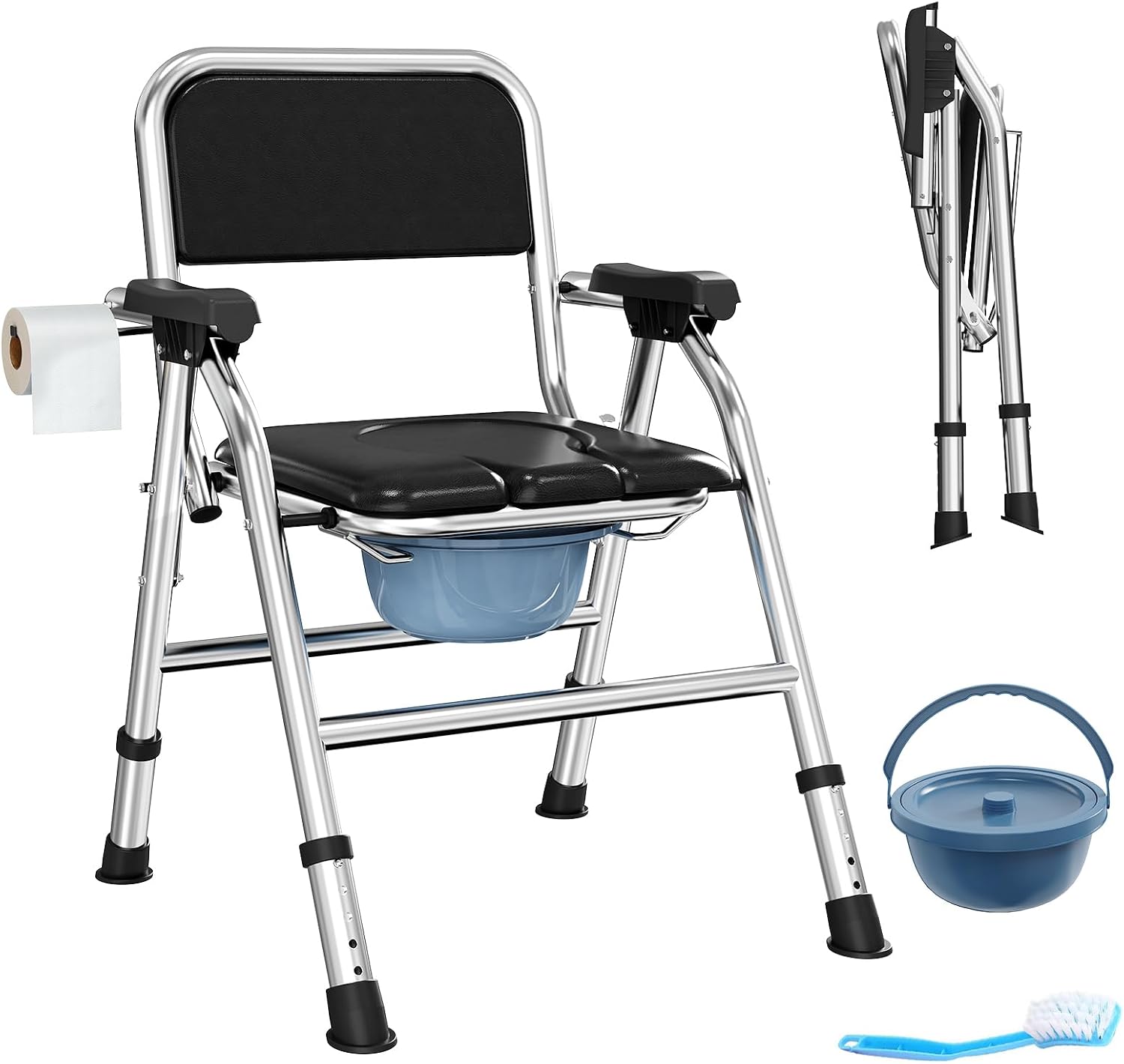 4 in 1 Folding Bedside Commode Chair for Elderly with Arms and Back,Adjustable Height Raised Toilet Seat with Handles,Adults Potty Chair for Seniors,Disabled and Pregnant