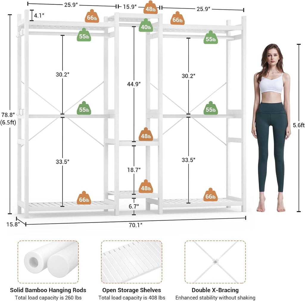 Homykic Bamboo Closet System, Large Clothing Rack for Hanging Clothes, Freestanding Clothes Rack with 7 Shelves & 5 Hanging Rods, Open Wardrobe Closet Organizer Garment Rack with 4 Hooks, Pure White