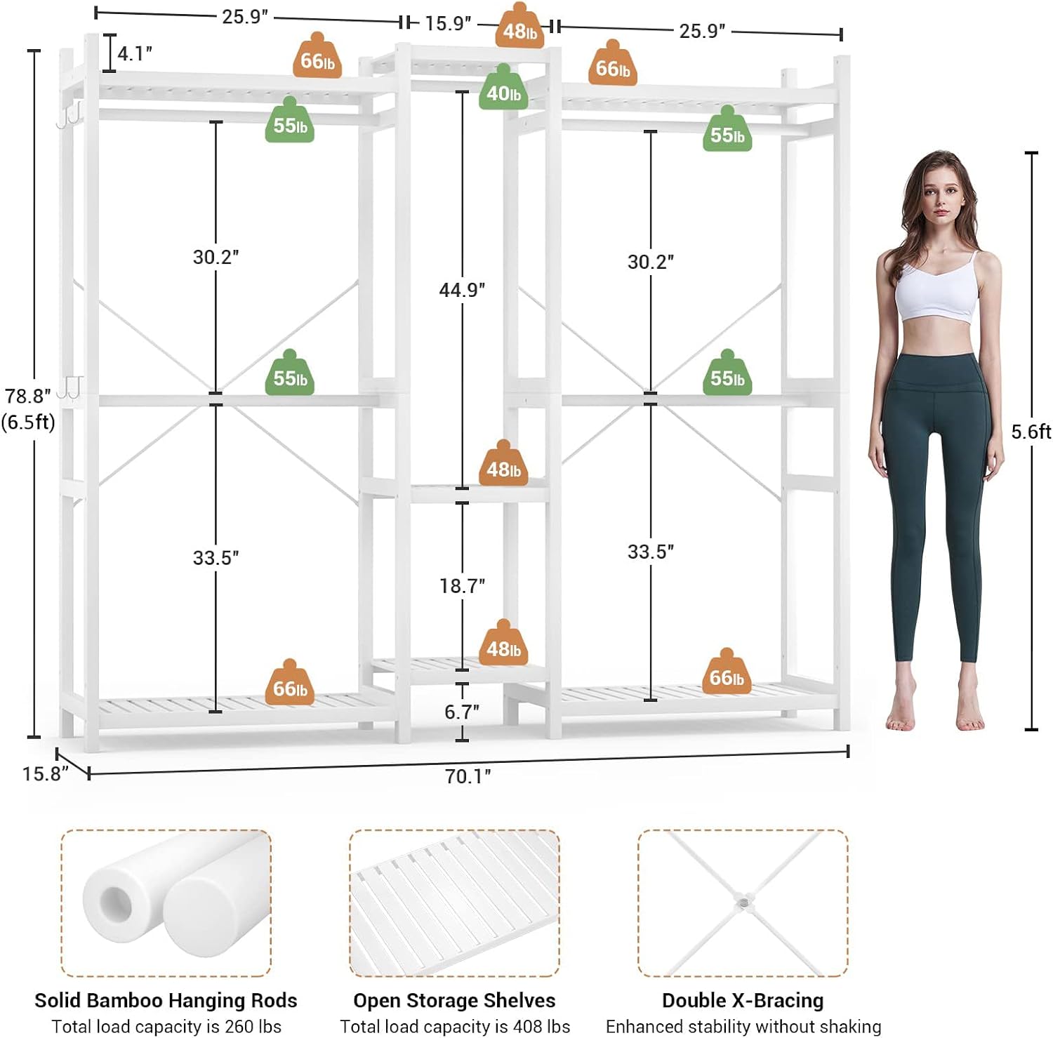 Homykic Bamboo Closet System, Large Clothing Rack for Hanging Clothes, Freestanding Clothes Rack with 7 Shelves & 5 Hanging Rods, Open Wardrobe Closet Organizer Garment Rack with 4 Hooks, Pure White