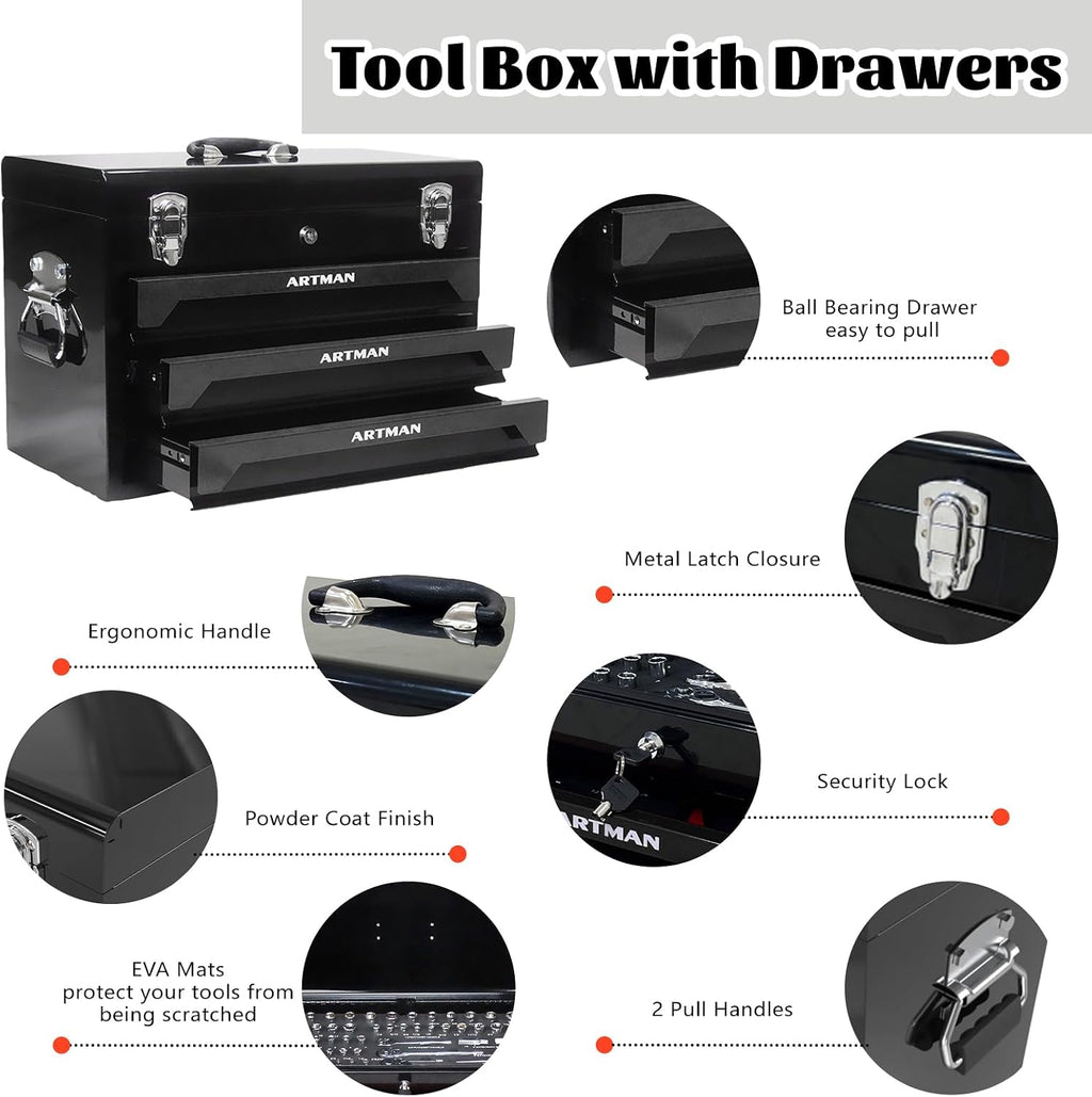 3 Drawer Tool Chest 439-Piece Mechanics Tool Set with Lock, Portable Household Tool Kit Heavy Duty Metal Tool Box for Garage, Warehouse,Workshop and Auto Repair (Black)