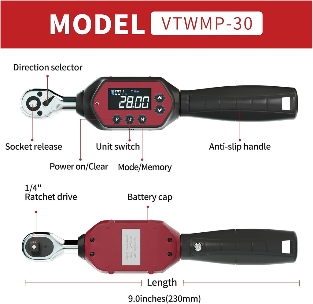 1/4' Digital Torque Wrench, for Bikes -30Nm 22.14 Ft-lbs - Calibrated with Buzzer & LED Upgraded Easy to Use in Dark