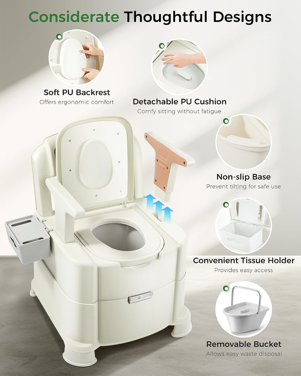 Bedside Commode, 500lbs Heavy Duty & Upgraded Commode Toilet Potty Chair, Portable Camping Toilet, Detachable Armrests, Automatic LED Light, 2-Level Height, 3 Rolls of Commode Liners 【Brown】