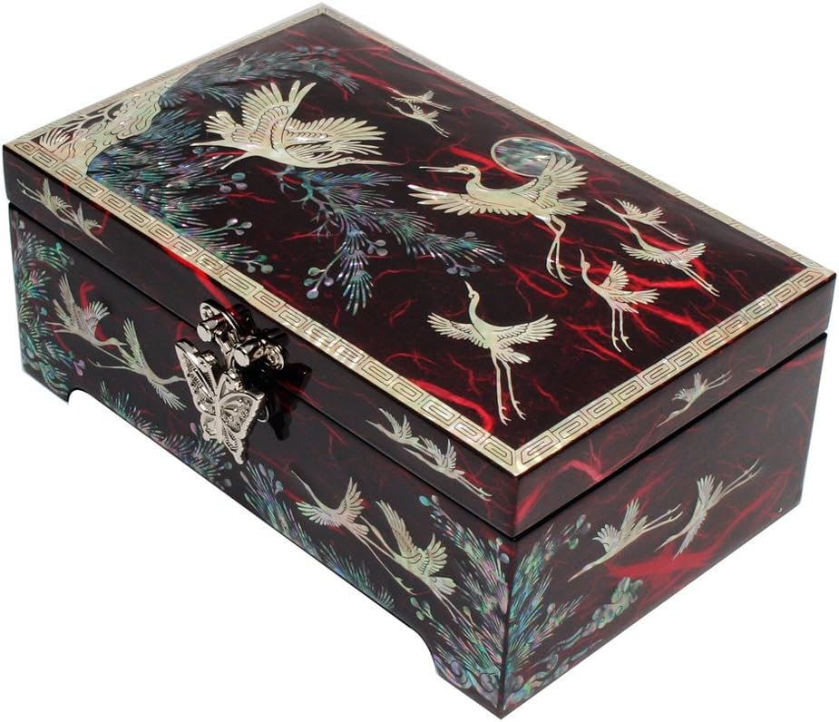 Antique Alive Mother of Pearl Inlay Design Jewelry Box, Wood Jewelry Box, Trinket Case, Keepsake Treasure Chest Box Organizer Holder (Bird Pine)