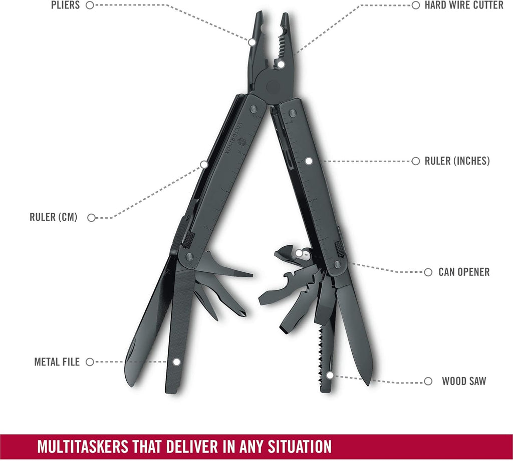 Victorinox Swiss Tool BS, 24 Function Swiss Made MultiTool with 2 Blades (Large and Serrated), 5 Screwdrivers, Pliers and Chisel - Black