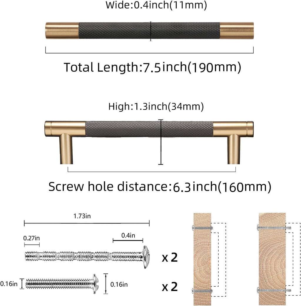 10 Pack 6 1/4' Matte Black & Champagne Bronze Knurled Cabinet Handles Stylish Kitchen Cabinet Pulls Modern Drawer Pulls & Cupboard Hardware for Home Upgrade