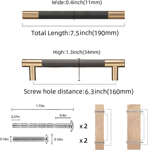 10 Pack 6 1/4' Matte Black & Champagne Bronze Knurled Cabinet Handles Stylish Kitchen Cabinet Pulls Modern Drawer Pulls & Cupboard Hardware for Home Upgrade