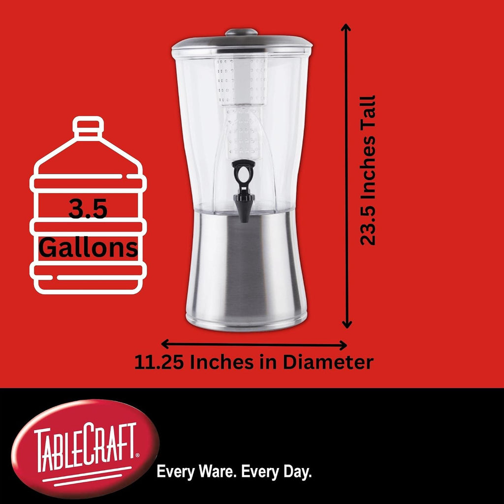 TableCraft N175 Cold Beverage Dispenser, 3.5 Gal, Stainless Steel & Tritan, 11¼' Dia x 23½', Includes Removable Infuser Tube, Clear Glass Design, BPA-Free, NSF Certified, Ideal for Events