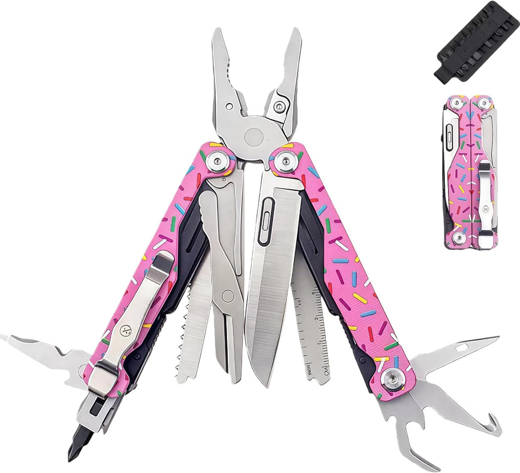 Multitool,20-in-1 Full-Size,Multi-Purpose Pliers,Lightweight EDC,Tactical Gear,With Safety Locking,Camping Knives & Tools,Gifts for Guys,Gifts for Hunters Men who have Everything (Pink and Silver)