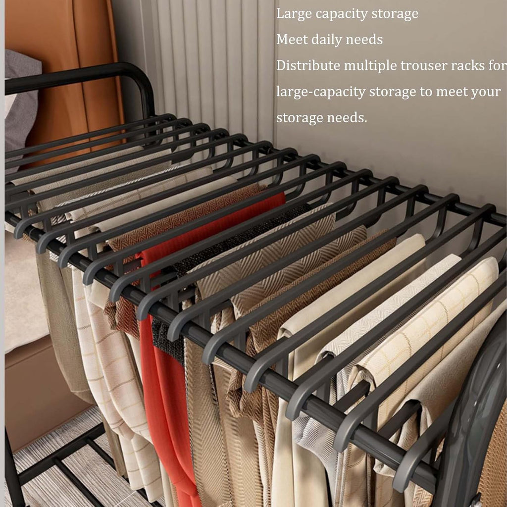 Expandable Metal Garment Rack - Rolling Pants Hanger Trolley for Jeans & Skirts, Space-Saving Closet Organizer with Pull-Out Trouser Display Stand