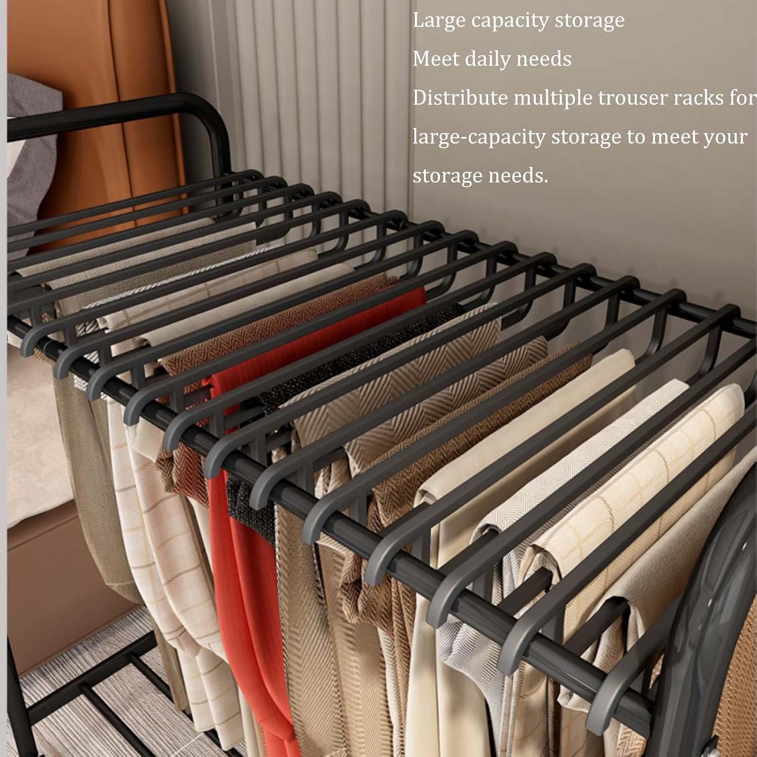 Expandable Metal Garment Rack - Rolling Pants Hanger Trolley for Jeans & Skirts, Space-Saving Closet Organizer with Pull-Out Trouser Display Stand