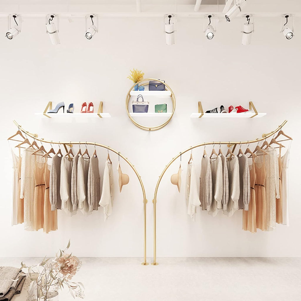 2 Pcs Clothing Store Display Stands Garment Rack, Wall Mounted Storage Clothes Shoe Bag Pipe Shelf, Retail Clothes Hanger Entrance Porch Organization Hanging Rod, Gold Closet Organizer Towel Rack