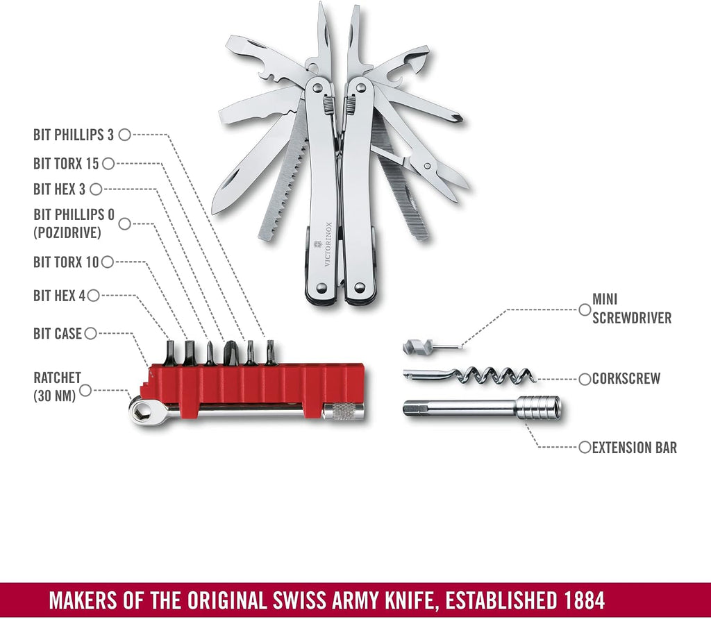Victorinox Swiss Tool Spirit X Plus Ratchet Swiss Army Knife, 36 Function Swiss Made Multi-Tool with Needle-nose Pliers and Leather Pouch - Silver
