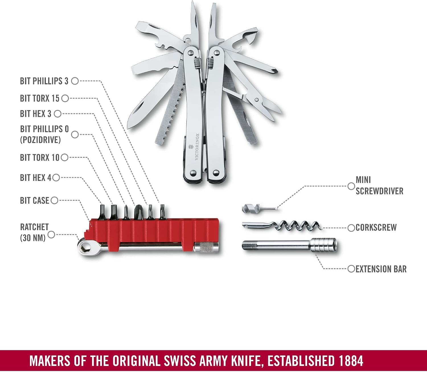 Victorinox Swiss Tool Spirit X Plus Ratchet Swiss Army Knife, 36 Function Swiss Made Multi-Tool with Needle-nose Pliers and Leather Pouch - Silver