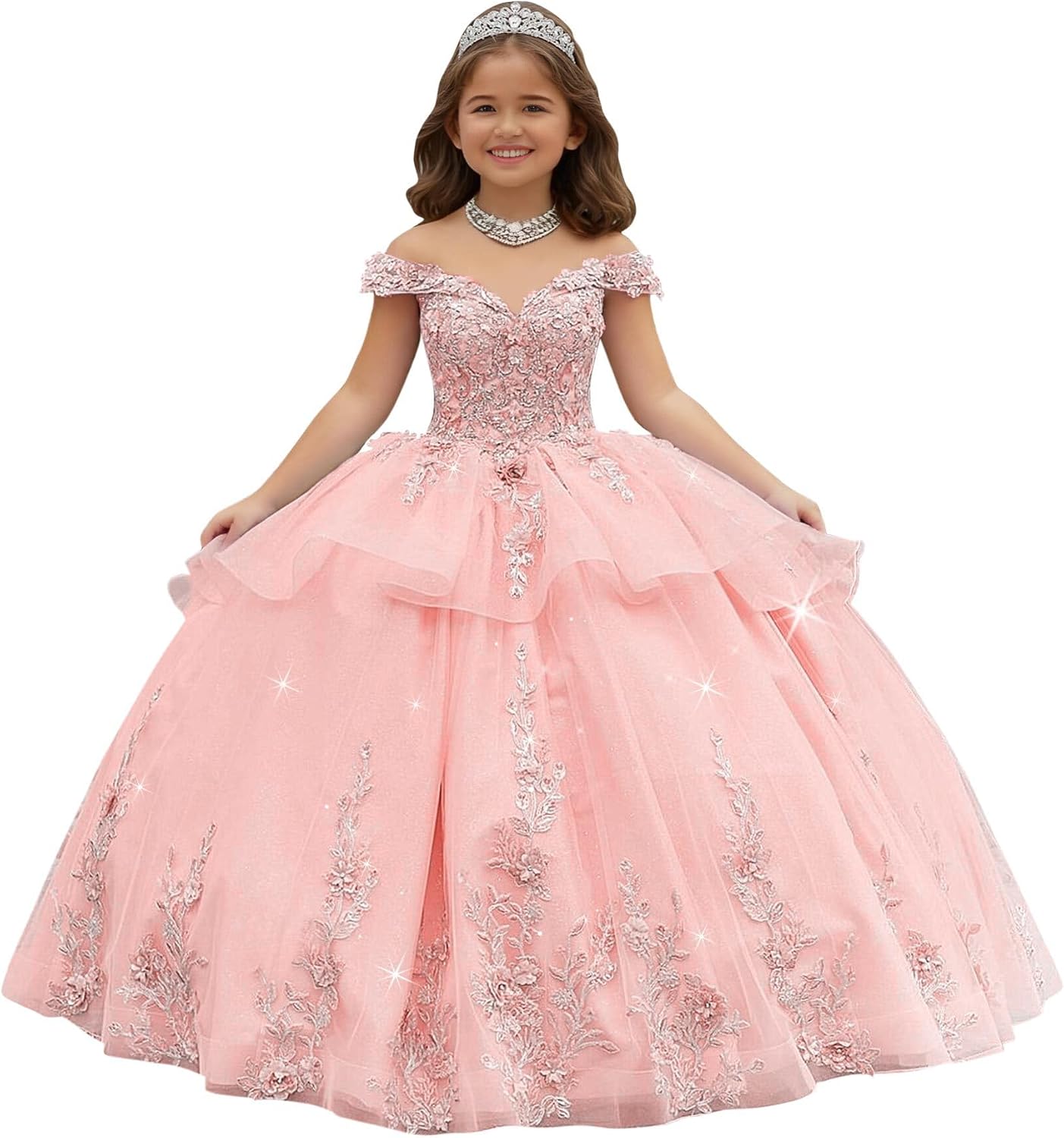 Crystal Lace Applique Flower Girl Dress Layered 3D Floral First Communion Dresses Off Shoulder Girls Pageant Dresses
