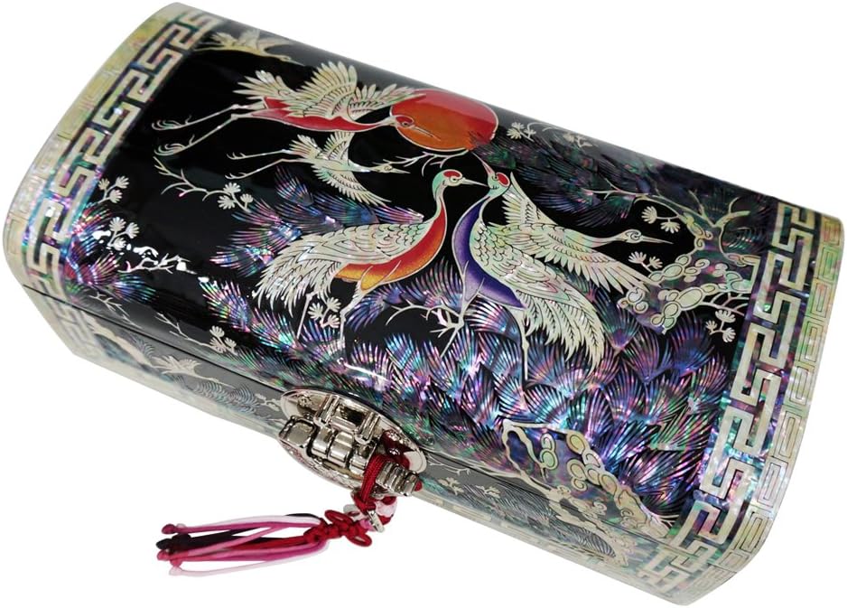 Mother of Pearl Asian Black Lacquer Wood Jewelry Trinket Keepsake Treasure Box Ring Case Chest Organizer