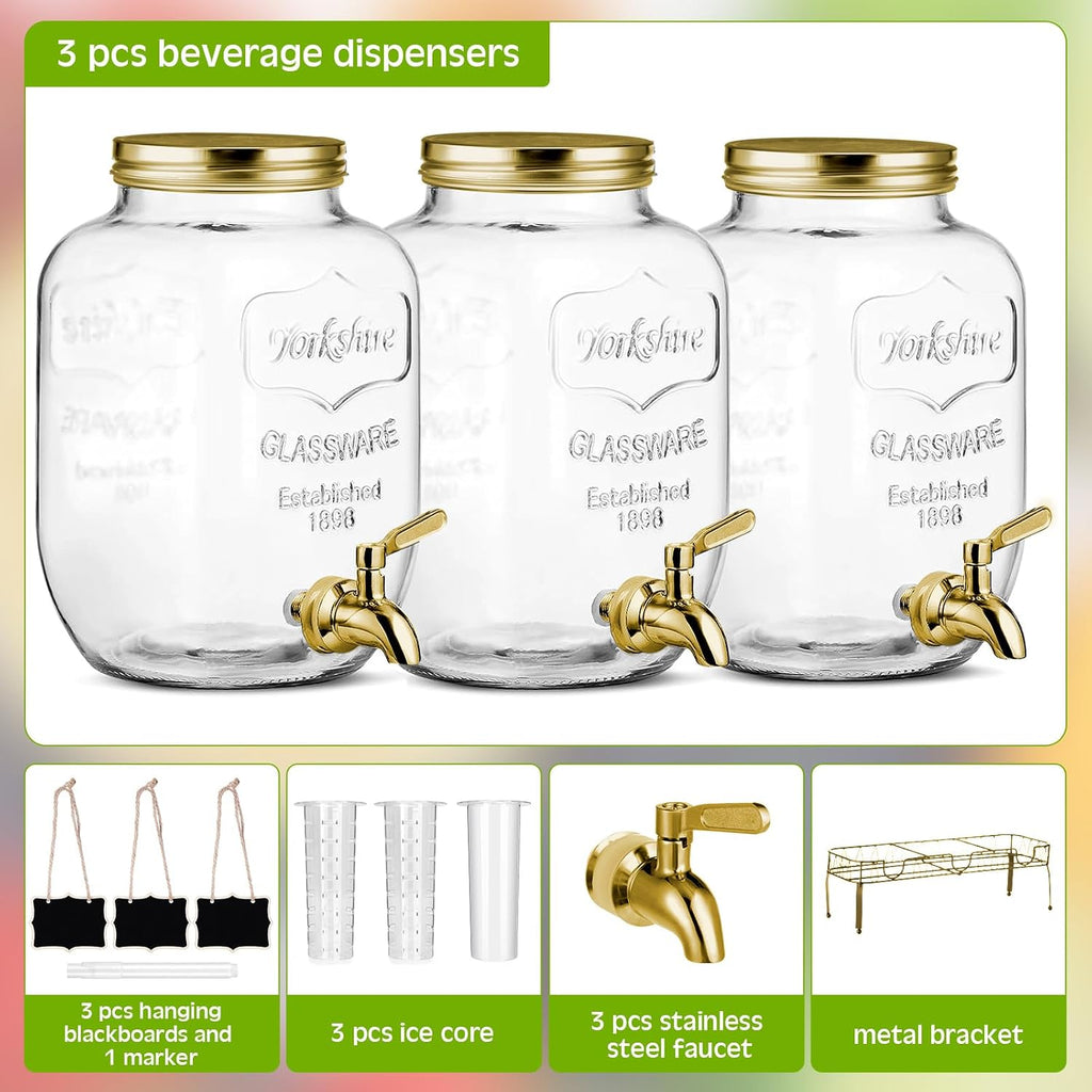 Lallisa 3 Pcs 2.5 Gallon Beverage Dispensers for Parties Glass Drink Water Dispenser with Stand Stainless Steel Leakproof Spigot Ice Cylinder Hanging Chalkboard Signs Pen(Gold)