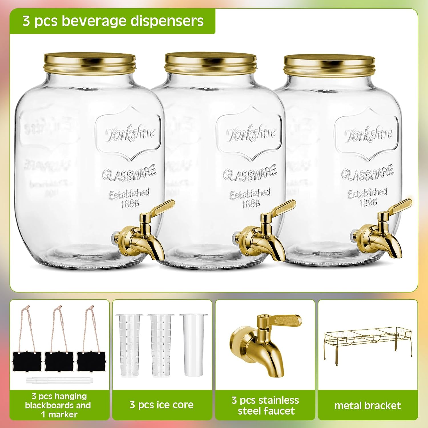 Lallisa 3 Pcs 2.5 Gallon Beverage Dispensers for Parties Glass Drink Water Dispenser with Stand Stainless Steel Leakproof Spigot Ice Cylinder Hanging Chalkboard Signs Pen(Gold)