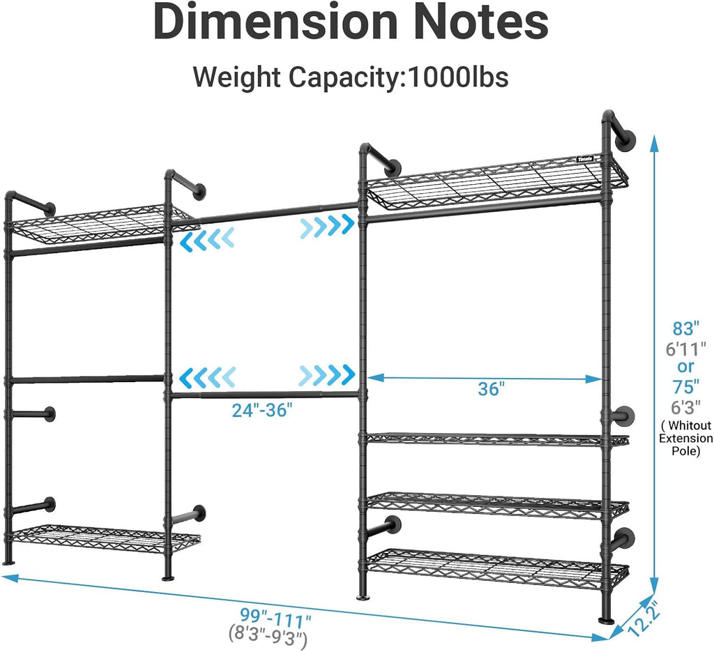 Timate F3 Plus Wall Mounted Clothes Rack Industrial Pipe Clothing Rack for Hanging Clothes, Heavy Duty Clothes Rack with Shelves, Expandable Garment Rack Wall Closet System, Black Pipe Closet Kit