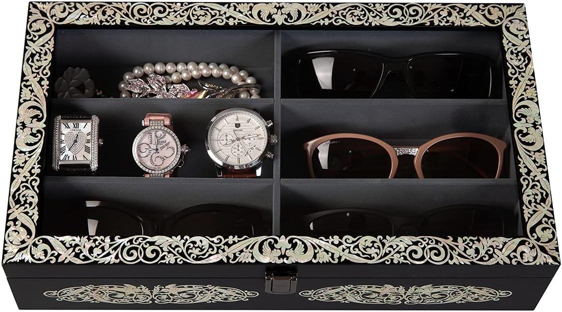Antique Alive Mother of Pearl Wood Sunglasses Box Eyeglasses Valet Display Storage Case for Glasses, Watches, Jewelry, Trinkets Wooden Accessory Organizer Gift (Archangel Glass Black)