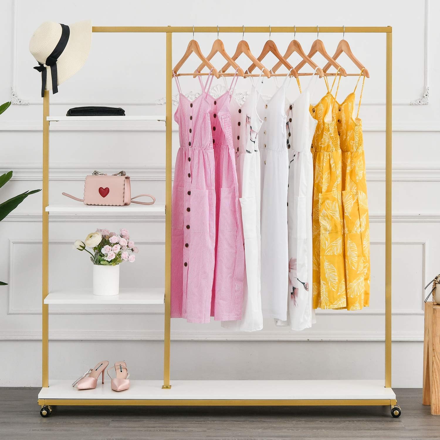 Gold Clothes Racks with 4-Tier Wood Shelves, Modern Freestanding Gold Clothing Racks for Hanging Clothes Display Racks,Rolling Clothing Racks for Boutique, Cloth Store