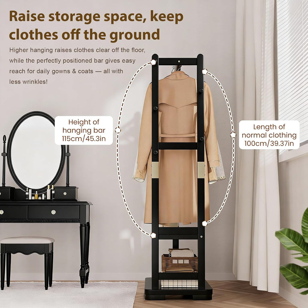 Solid Wood Clothes Rack with 2 Shelves & 4 Hooks for Hanging Clothes Garment Wallets Hats, Black Clothing Rack Heavy Duty Coat Rack Freestanding with Storage Hall Tree for Hallway Bedroom Living Room