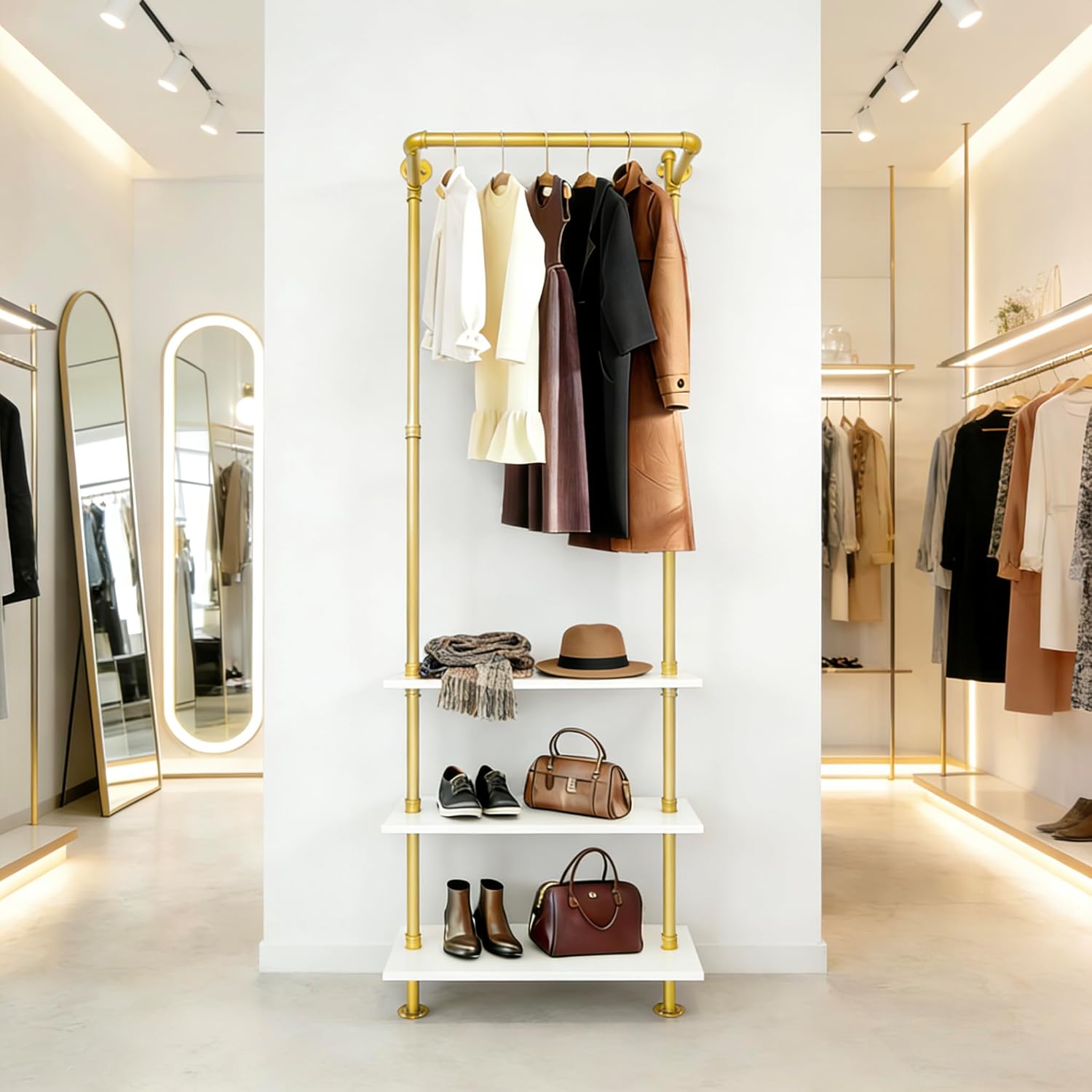 Gold Clothing Racks Wall Mounted Metal Clothes Rack with 3 Wood Shelves, Display Retail Clothing Garment Rack and Walk In Closet for Hanging Clothes Heavy Duty for Boutiques, Wardrobe, Bedroom