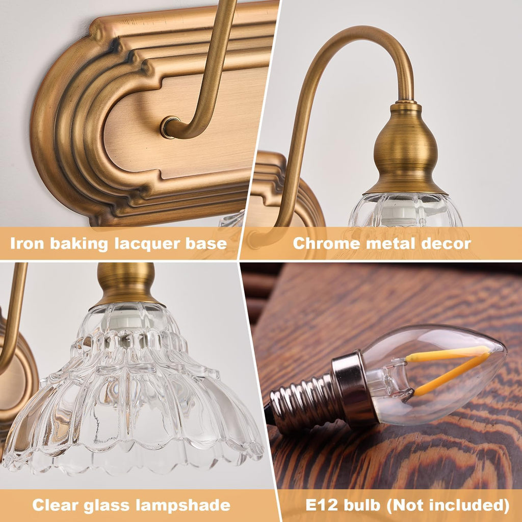 Vintage 3-Light Bathroom Vanity Lighting Fixtures Modern Wall Sconces Brass Glass Retro Vanity Light for Bedroom, Bathroom, Doorway, Farmhouse, Hallway
