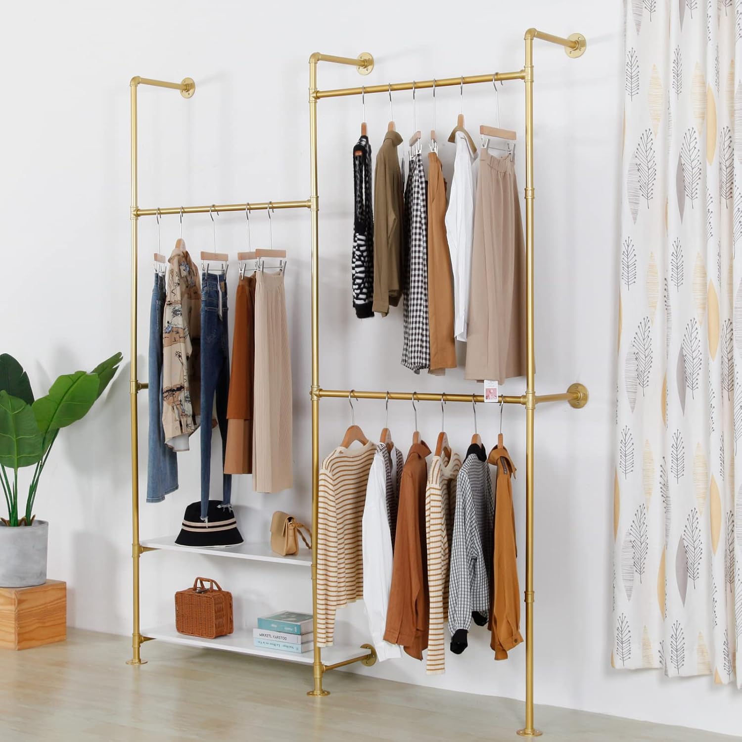 Industrial Style Wall Mounted Clothing Rack - Heavy Duty Pipe Garment Rack with Wood shelves, Multi-Functional Wardrobe System for Boutique/Closet,Gold (74.8' W x91.7 H)