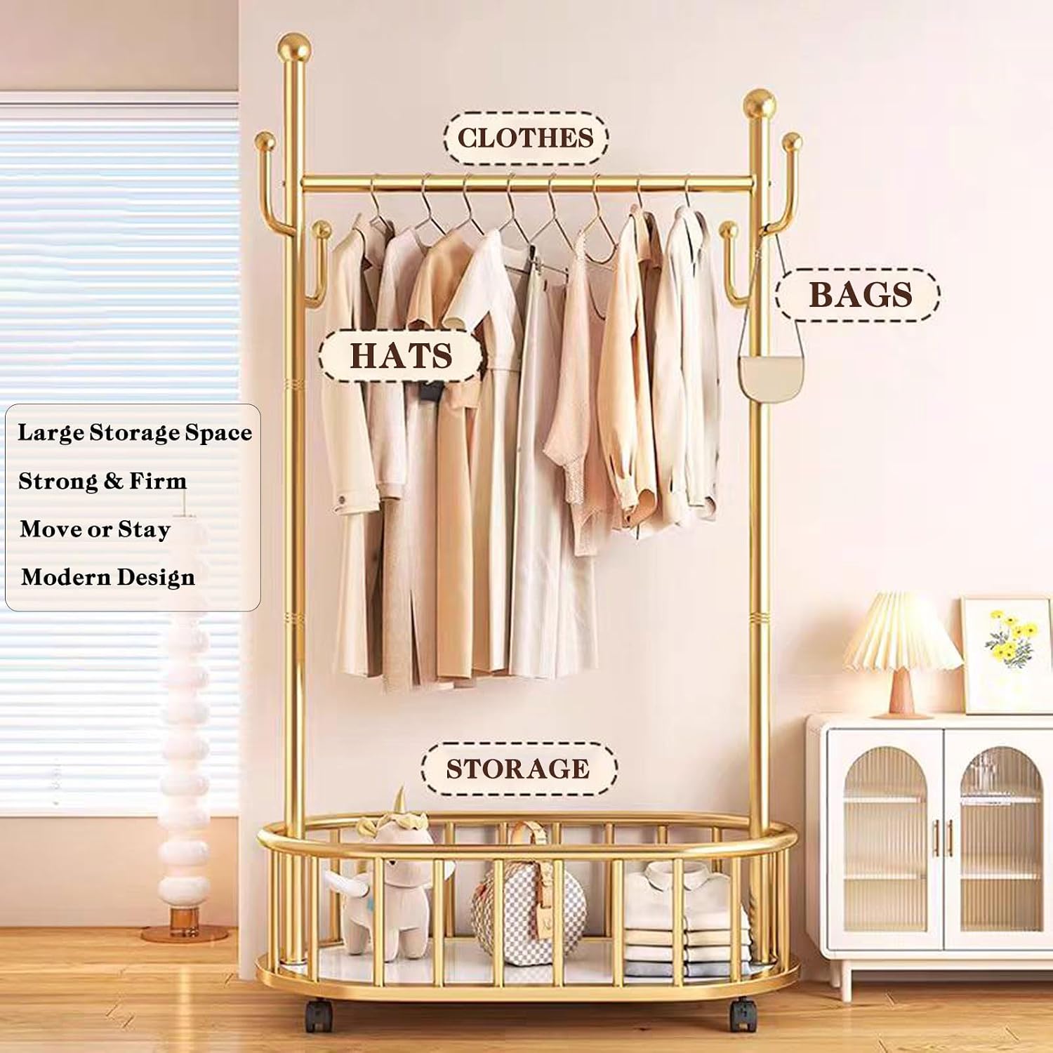 Gold Rolling Clothing Rack with Wheels and Basket Storage,31.5IN Metal Moveable Large Coat Rack Decorative Gold Clothing Rack for Hanging Clothes