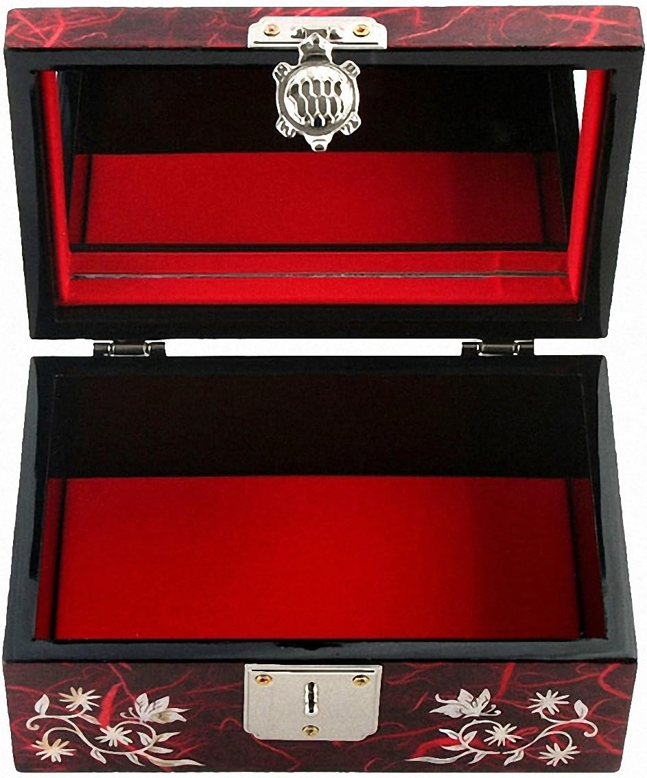 Antique Alive Mother of Pearl Inlay Design Jewelry Box, Wood Jewelry Box, Trinket Case, Keepsake Treasure Chest Box Organizer Holder (Red Butterfly)