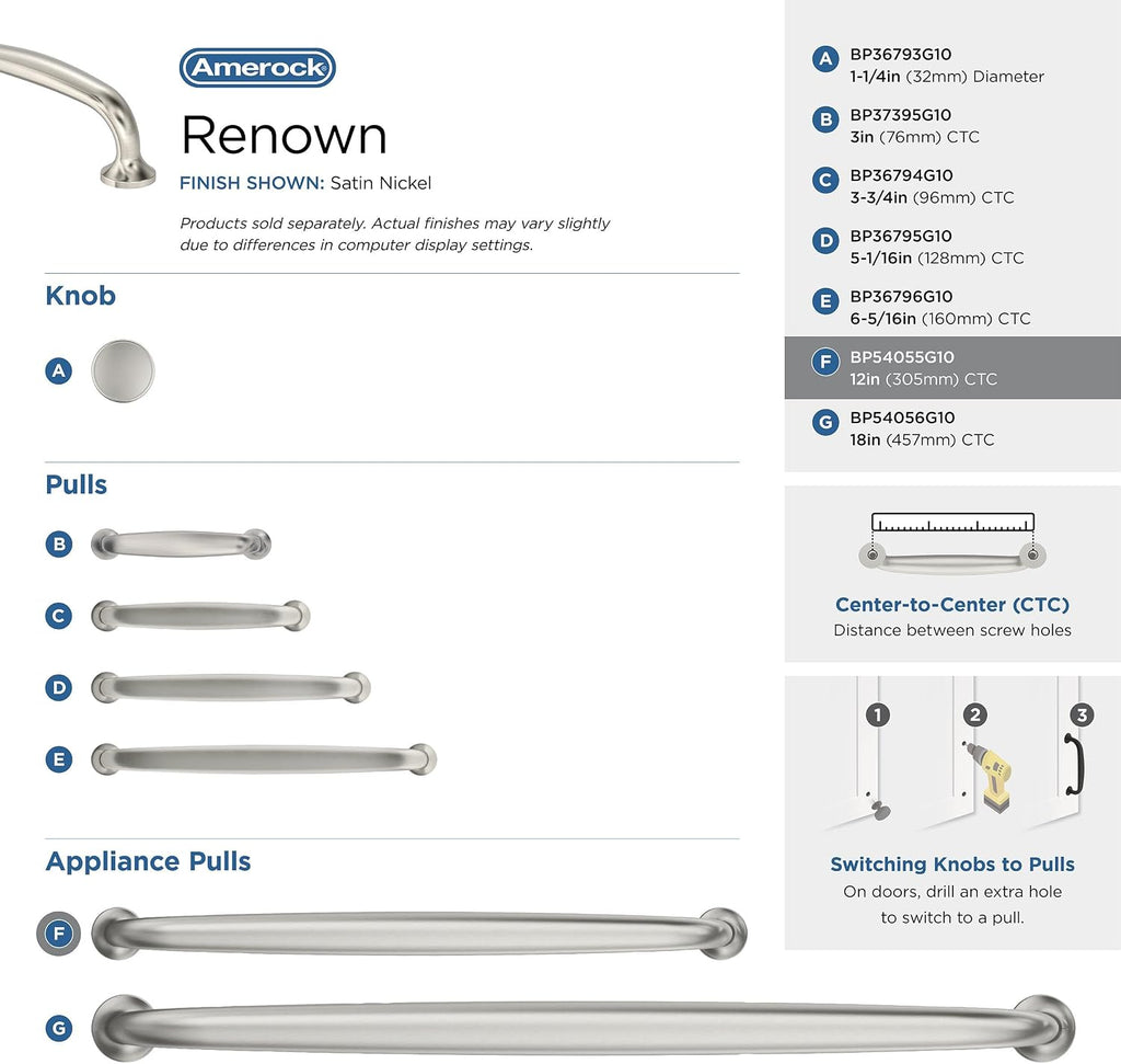 Amerock BP54055G10 | Satin Nickel Appliance Pull | 12 inch (305 mm) Center-to-Center Cabinet Handle | Renown | Furniture Hardware