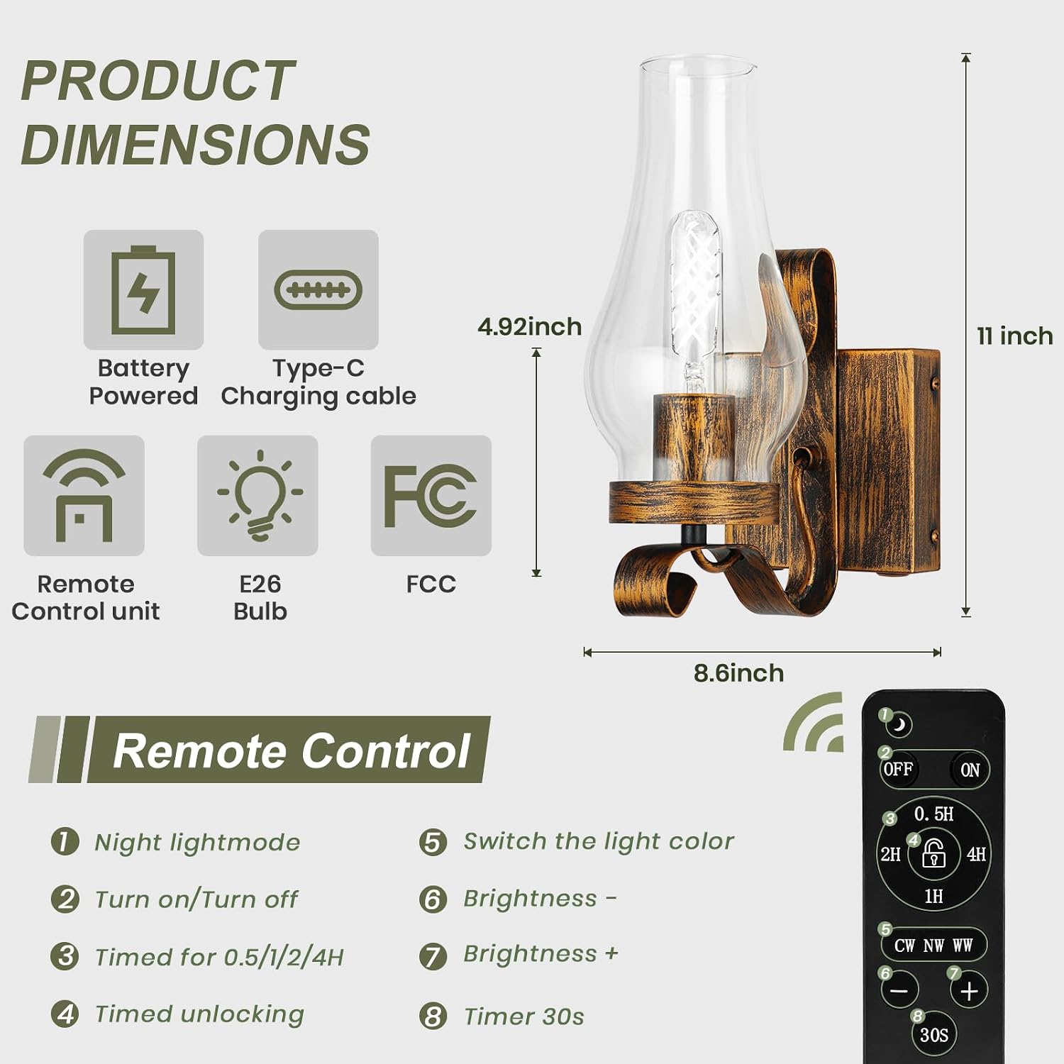 Battery Operated Wall Sconce, Rechargeable Rustic Wall Lights, Non-Hardwired Antique Kerosene Wall Lamps, Gold Vintage Bedside Wall Sconces with Remote Control for, Bedroom, Hallway etc