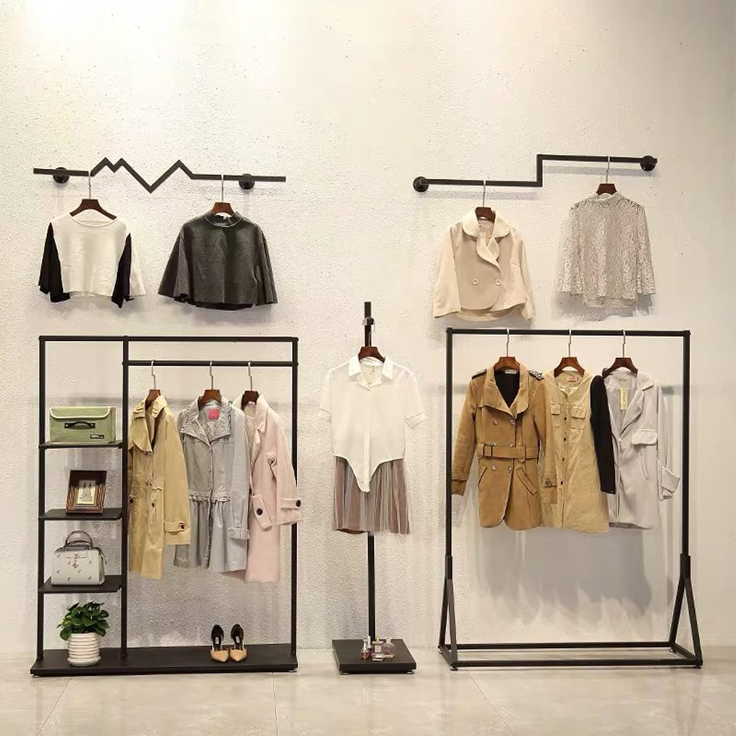 Modern Simple Heavy Duty Metal Rolling Clothing Garment Rack with Wheel,Creative Commercial Wedding Dress Display Shelf,Single Rod Floor-Standing Clothes Hangers (Black without Wood, 47.2' L)