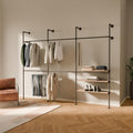 pamo Industrial Pipe Clothing Rack with Shelf – Wall Mounted Closet System, Black Powder-Coated Steel, Oak Boards – Walk-In Closet Organizer & Retail Clothing Rack