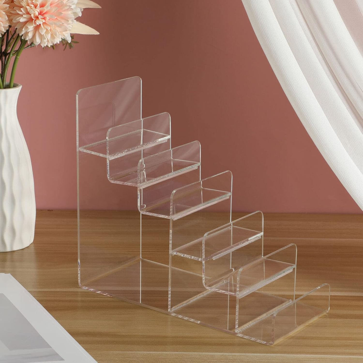 Cabilock Acrylic Purse Display 6- Tier Display Stand:4pcs Acrylic Riser Display Shelf Wallet Display Stand Holder Shelf Storage- Holds Womans Purse, Hanging Bag