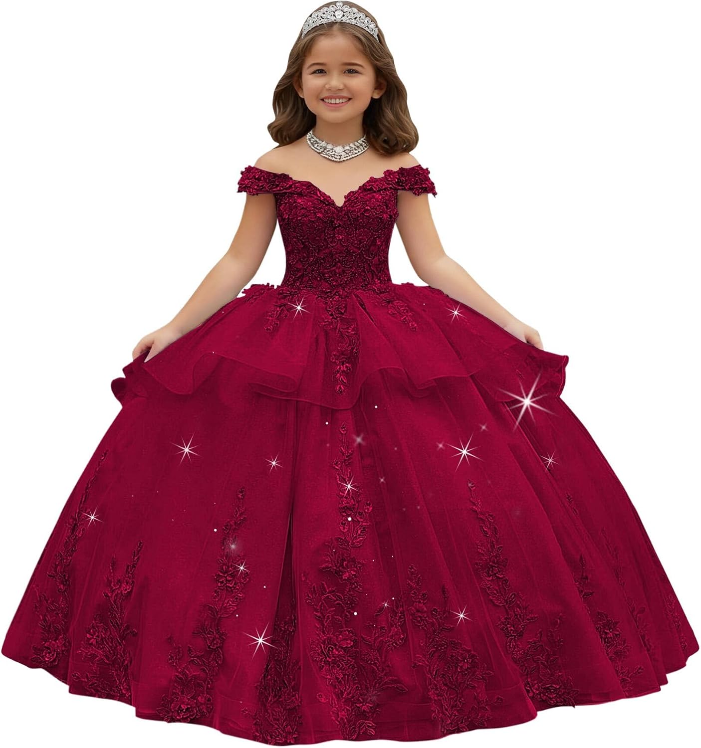 Crystal Lace Applique Flower Girl Dress Layered 3D Floral First Communion Dresses Off Shoulder Girls Pageant Dresses
