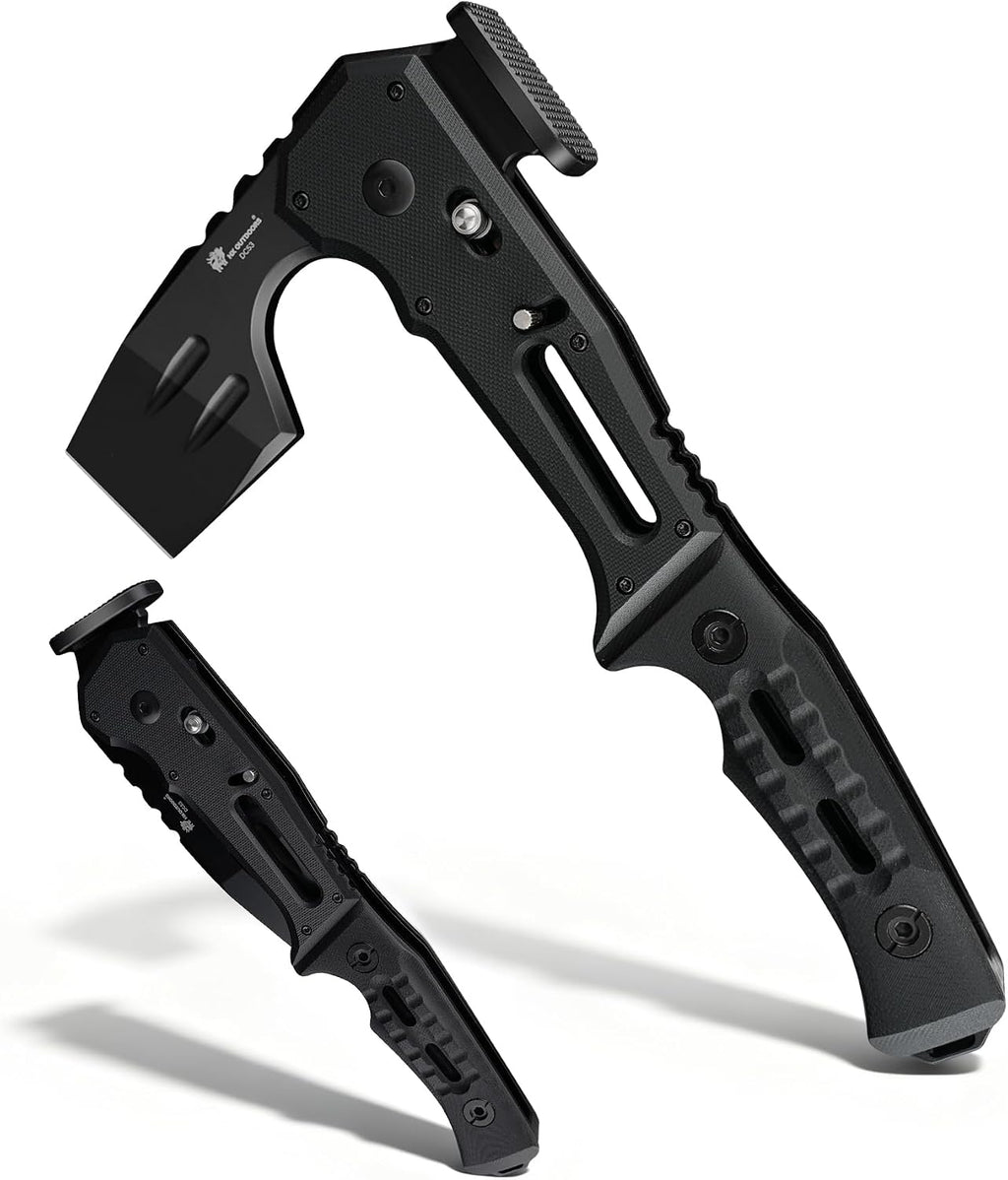 HX OUTDOORS Folding Hatchet Axe Survival Multitool, DC53 Steel Blade with Black Titanium, Camping Hatchet with Hammer, G10 Handle for Outdoor Gear,Various Tactical and Survival(Black)