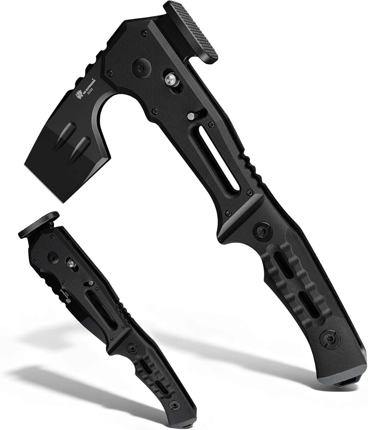 HX OUTDOORS Folding Hatchet Axe Survival Multitool, DC53 Steel Blade with Black Titanium, Camping Hatchet with Hammer, G10 Handle for Outdoor Gear,Various Tactical and Survival(Black)